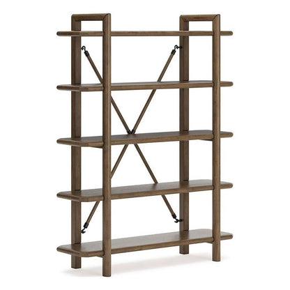 71 in Home Office Bookcase, Brown Oak Finish, Hardwood Solids and Veneer, 5 Open Shelves, Sturdy Vertical Storage, Metal Back Brace, Stylish Display for Books, Plants, Photos, Living Room