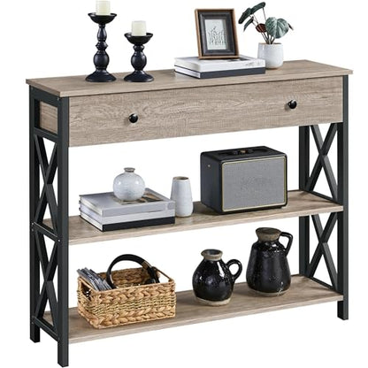 Yaheetech Console Table with Drawer, Entryway Table with 3 Tier Storage Shelves, Narrow Long Sofa Table for Entryway, Living Room, Hallway, Couch, Kitchen, Metal Frame, Gray