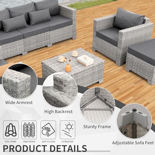 Patio Furniture Set 6 Piece PE Rattan Outdoor Conversation Sets Grey Wicker Couch Sectional Sofa with Storage Coffee Table and Grey Cushion