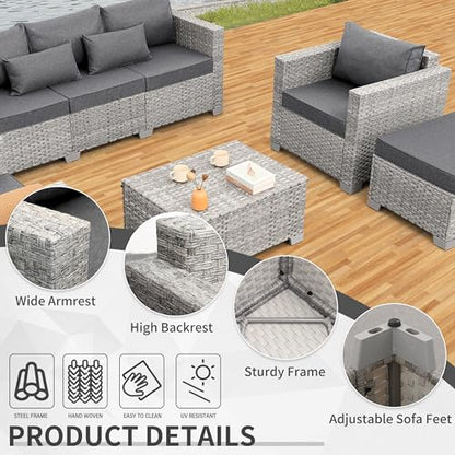 Patio Furniture Set 6 Piece PE Rattan Outdoor Conversation Sets Grey Wicker Couch Sectional Sofa with Storage Coffee Table and Grey Cushion