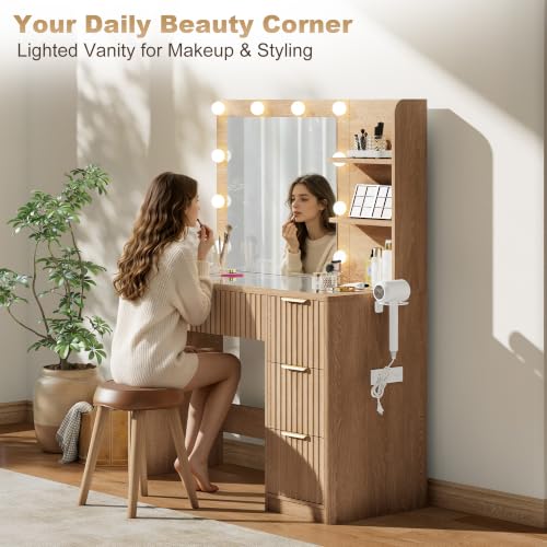 36" Fluted Vanity Desk with Mirror, Adjustable LED, 4 Drawer, Oak, view 5