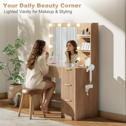 36" Fluted Vanity Desk with Mirror, Adjustable LED, 4 Drawer, Oak, view 5