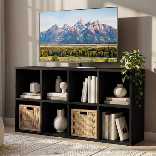 Modern TV Stand for Televisions up to 55 Inch, Mid Century Entertainment Center with 8 Open Shelves for 32/43/50/55 Inchs TVs, Media Console with Adjustable Shelves for Living Room, Black