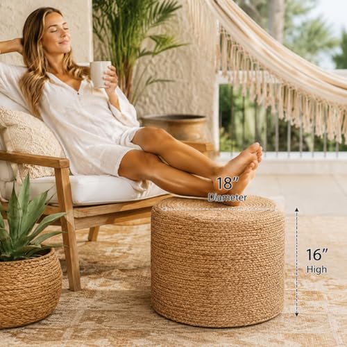 18'' Ottoman Pouf, Natural Braided Poof, Rustic Handweave Lounge Pouffe, Boho Footrest Stool for Bedroom, Accent Table or Seat for Living Room (Natural-LD)