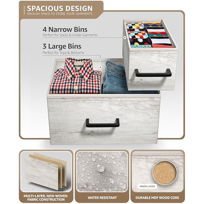 Dresser with 7 Faux Wood Drawers - Storage Unit Organizer Chest for Clothes - Bedroom, Hallway, Living Room, Closet, & Dorm Furniture - Steel Frame, Wood Top, & Easy Pull Fabric Bins
