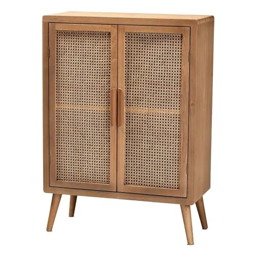 Mid-Century Wood/Rattan 2-Door Storage Cabinet, Oak Finish, 44.29" H x 31.5" W x 14.17" D, Adjustable Shelves, Angled Legs, Elegant Accent Chest for Living Room or Entryway