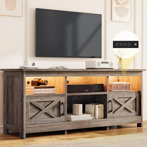 Farmhouse TV Stand with Storage for up to 65 Inch TV, Washed Grey, view 2