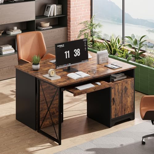 Office Desk with Keyboard Tray, 47 inch Industrial Computer Desk with Storage, Reversible Executive Desk with File Cabinet for Home Office Bedroom, Rustic Brown
