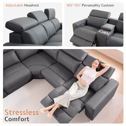 Power Recliner Sectional Sofa with Storage/USB Port, Leather Recliner Sofa with Adjustable Headrest, Reclining Sectional Couches with Console and Cup Holder for Living Room (Gray, 5-Seater)