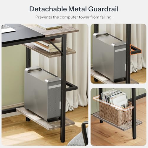 Small Computer Desk, Home Office Desk with Power Outlet, Writing Desk with 2 Shelves, Modern Small Desk for Home Office, Study, Easy to Assemble, Charcoal Gray and Black BG43UDN01