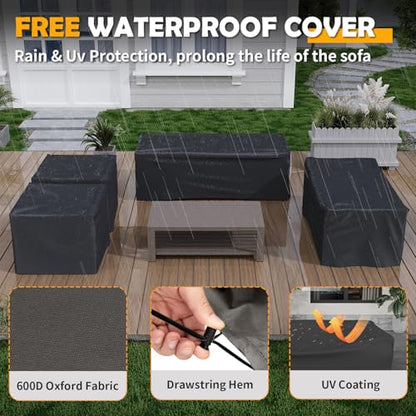 Aluminum Patio Furniture Set, 8 Pieces Modern Metal Outdoor Furniture, Faux Wood Grain Finish Frame Patio Sofa Sets with 6" Cushion for Backyard, Dark Grey (Included Waterproof Covers)