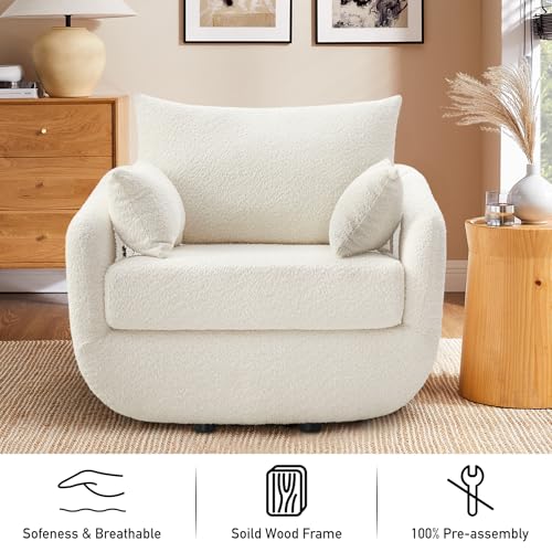 360° Swivel Accent Armchair, 39.3" Oversized, Sherpa Boucle Fabric Sofa Chair with Removable Back & Arm Pillows, Swivel Chair with Cozy Soft Padded (1, Cream White)