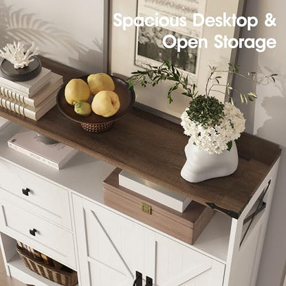 Farmhouse Storage Cabinet with Drawers and Open Storage,Freestanding Kitchen Pantry with 2 Barn Doors, Floor Cabinet with Adjustable Shelf for Living Room,White