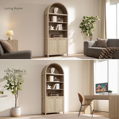 84.2" Tall Arched Bookcase with Doors - 5 Tier Rattan Bookshelf, view 7