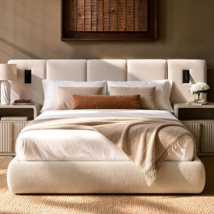 Queen Upholstered Bed Frame with Extended Headboard, Beige, view 2