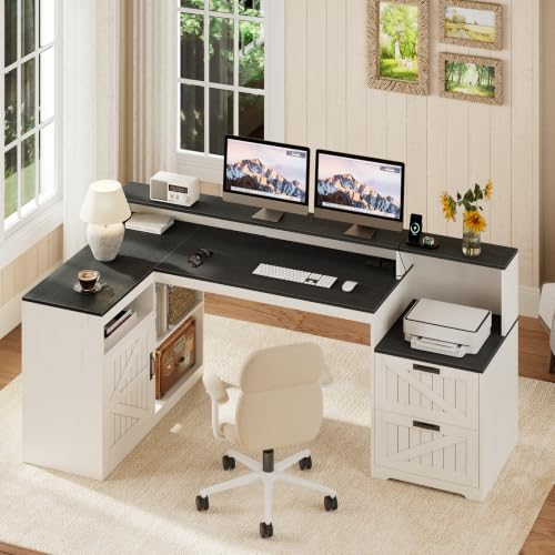 63" Farmhouse L Shaped Desk with Drawers and Printer Stand for Home Office, view 4