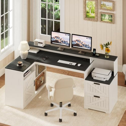 63" Farmhouse L Shaped Desk with Drawers and Printer Stand for Home Office, view 4