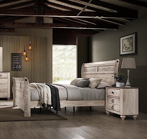 Imerland White Wash Finish 3-Piece Bedroom Set-Sleigh Bed and Two Nightstands, Queen Size