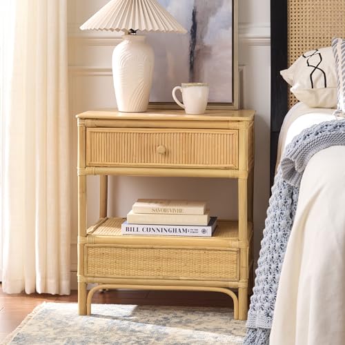 SAFAVIEH Furniture - Imari Nightstand - Natural Rattan & Solid Wood - Handwoven Nightstand with Drawer & Shelf Storage for Bedroom & Guest Room, 20" W x 22.4" D x 25.5" H (NST6000A)