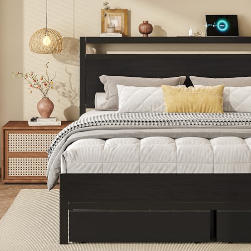 Wooden Queen Bed Frame with Storage and Charging Station, view 8