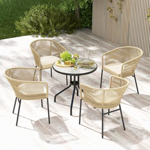 Patio Chairs Set of 4, Outdoor Accent Chairs with Woven Rope Curved Backrest & Armrests, Seat Cushion, Adjustable Foot Pads, Modern Dining Chair for Dining Room, Patio, Backyard, Beige