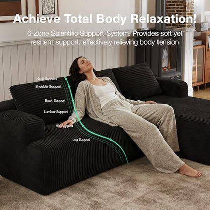 L-Shape Sectional Couches for Living Room with Smarts Coil® Support, 3 Seater Sectional Sofas for Living Room Bedroom, Corduroy Cloud Couch Sectional, No Assembly(Black, Right Hand Facing)