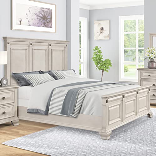 Renova Distressed Parchment Wood Bedroom Set, Panel Bed, Dresser, Mirror, Nightstand, King