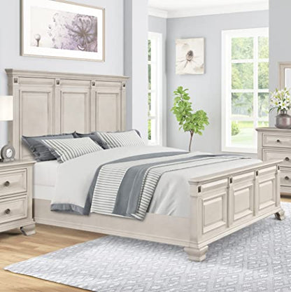 Renova Distressed Parchment Wood Bedroom Set, Panel Bed, Dresser, Mirror, Nightstand, King