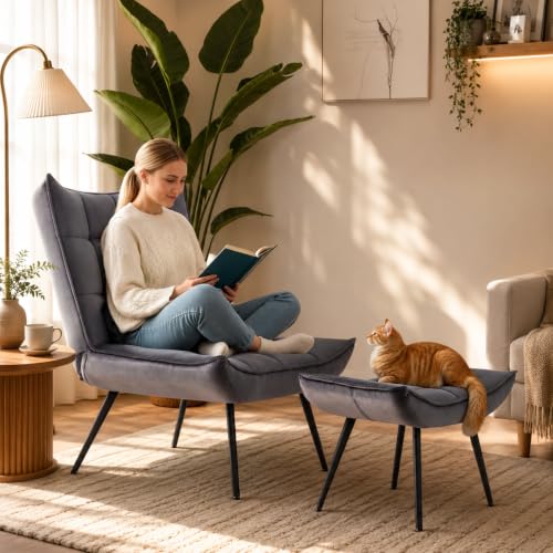 Accent Chair with Ottoman, Set of 2 Modern Velvet Wingback Reading Chair with Lumbar Pillow, Upholstered Lounge Armchair with Footrest for Living Room Bedroom Small Space, 4079 (2, Dark Grey)