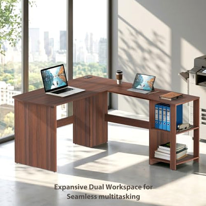 51 x 51 L-Shaped Home Office Wood Corner Desk with Storage, Walnut, view 7