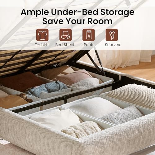 Queen Lift Up Storage Bed Frame with Adjustable Headboard, Beige, view 6