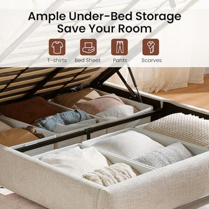 Queen Lift Up Storage Bed Frame with Adjustable Headboard, Beige, view 6