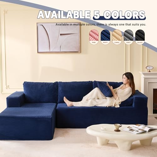 107" Boneless Couch with Deep Seat, Modular Sectional Sofa, Cloud Sectional Couch for Living Room, No Assembly Required, Corduroy, L-Shape Left, Blue