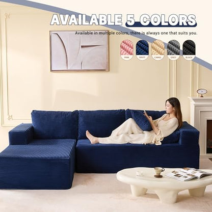 107" Boneless Couch with Deep Seat, Modular Sectional Sofa, Cloud Sectional Couch for Living Room, No Assembly Required, Corduroy, L-Shape Left, Blue