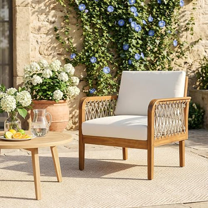 Arami Acacia Wood Lounge Chair Outdoor with Removable Cushion, Solid Wood Patio Accent Chair with Rope Weave Design, Patio Furniture Set Sofa Chair, Beige+Cream+Teak