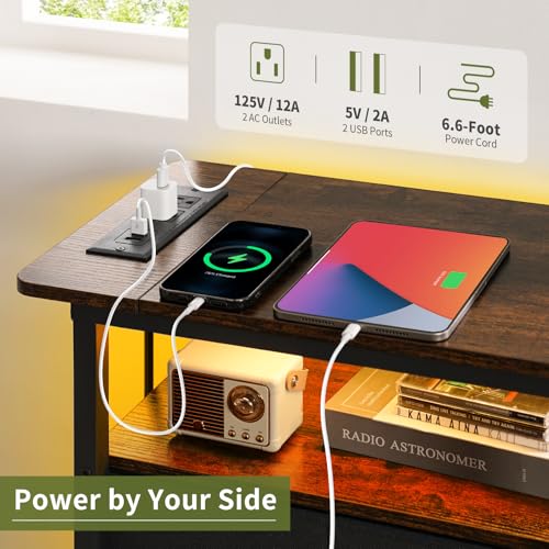 End Table with Charging Station, LED Narrow Side Table Bedside Table, Small Night Stand End Tables Living Room, Skinny Nightstand with 3 Fabric Drawers, Side Tables Bedroom for Small Spaces