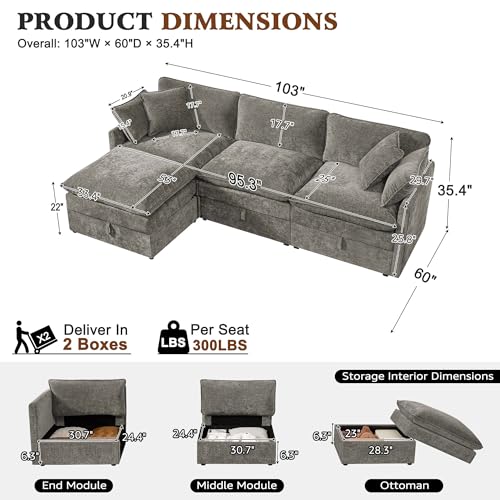 103" Modular Sectional Sofa with Storage, L Shaped Cloud Couch with Movable Ottomans & Throw Pillows, Chenille Deep Seat Sectional Couches for Living Room, Apartment (Grey)