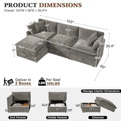 103" Modular Sectional Sofa with Storage, L Shaped Cloud Couch with Movable Ottomans & Throw Pillows, Chenille Deep Seat Sectional Couches for Living Room, Apartment (Grey)