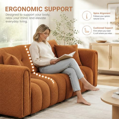 91.5"W Modern Boucle Sofa for Living Room, Oversized Loveseat Couch, Orange | Comfy Channel-Tufted Couch with Rolled Arms and 2 Soft Pillows, 3-Seater Cloud Couch for Apartment, Studio, Bedroom, Office