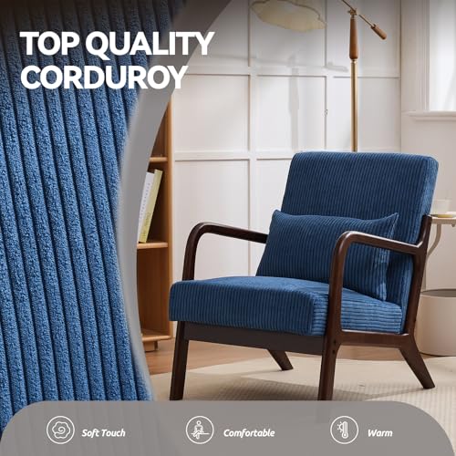 Mid Century Modern Corduroy Accent Chair, Living Room Chairs with Lumbar Pillow Boho Arm Chiar Reading Chair with Solid Wood Frame for Living Room Bedroom