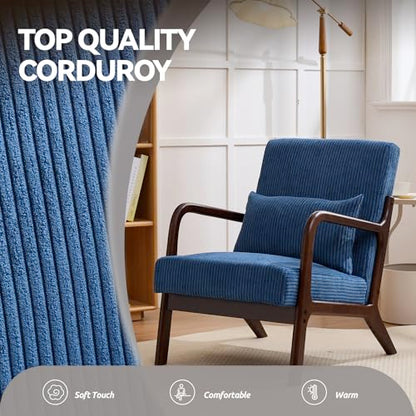 Mid Century Modern Corduroy Accent Chair, Living Room Chairs with Lumbar Pillow Boho Arm Chiar Reading Chair with Solid Wood Frame for Living Room Bedroom