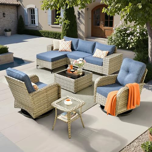 8-Piece Patio Furniture Set with L-Shape Sofa Chaise, Outdoor Sectional Couch Swivel Gliders, Modern Modular Wicker Rattan Conversation Set, Denim Blue