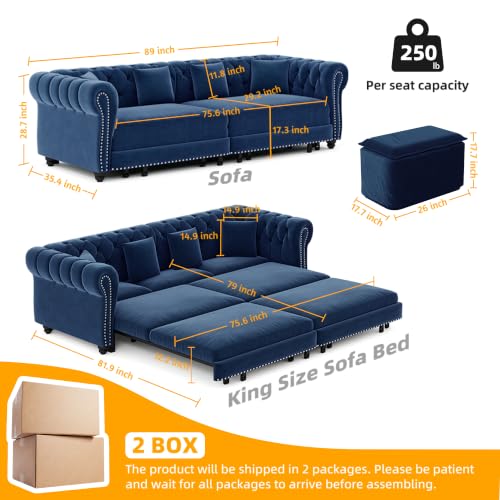 Pull Out Sofa Bed King, Chesterfield Velvet Sleeper Sofa, Convertible L-Shaped Futon Couch, Tufted Back, 2 Pillows, Ottoman, Deep Seat Loveseat Couches for Living Room (Blue, 89'')