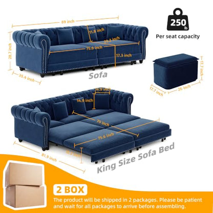 Pull Out Sofa Bed King, Chesterfield Velvet Sleeper Sofa, Convertible L-Shaped Futon Couch, Tufted Back, 2 Pillows, Ottoman, Deep Seat Loveseat Couches for Living Room (Blue, 89'')