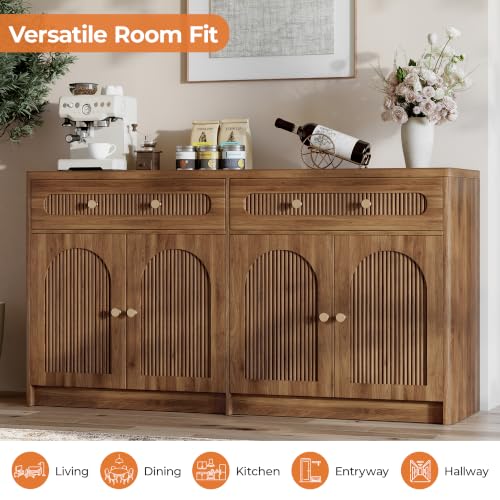 59"W Arched and Fluted Sideboard Buffet Cabinet with Storage, Walnut, view 6