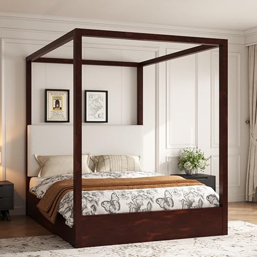 Queen Size Canopy Bed Frame with Upholstered Headboard, view 2