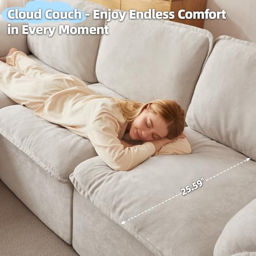 112" Cloud Couch Sectional with Padded Armrests & Moveable Ottoman Boneless Sectional Couches for Living Room White Couch, No Assembly Required