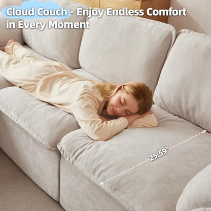 112" Cloud Couch Sectional with Padded Armrests & Moveable Ottoman Boneless Sectional Couches for Living Room White Couch, No Assembly Required