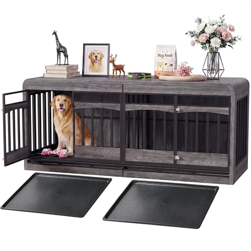 72" Double Dog Crate Furniture, Dog Crates for 2 Medium Dogs, Grey, view 8