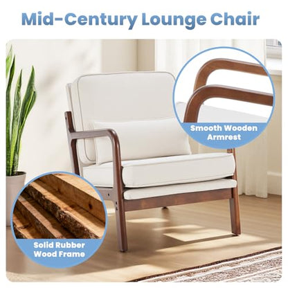 Accent Chairs Set of 2,Mid Century Modern Chair with Arms and Waist Cushion, Reading Chairs for Adults, Lounge Chair for Living Room and Bedroom, Solid Wooden Frame, Cream